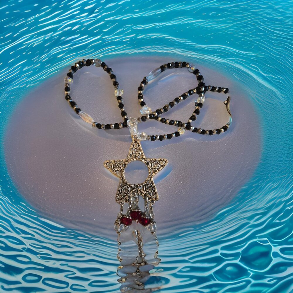 Five Point Star Long Necklace Black/Crystal beaded. 28 in.